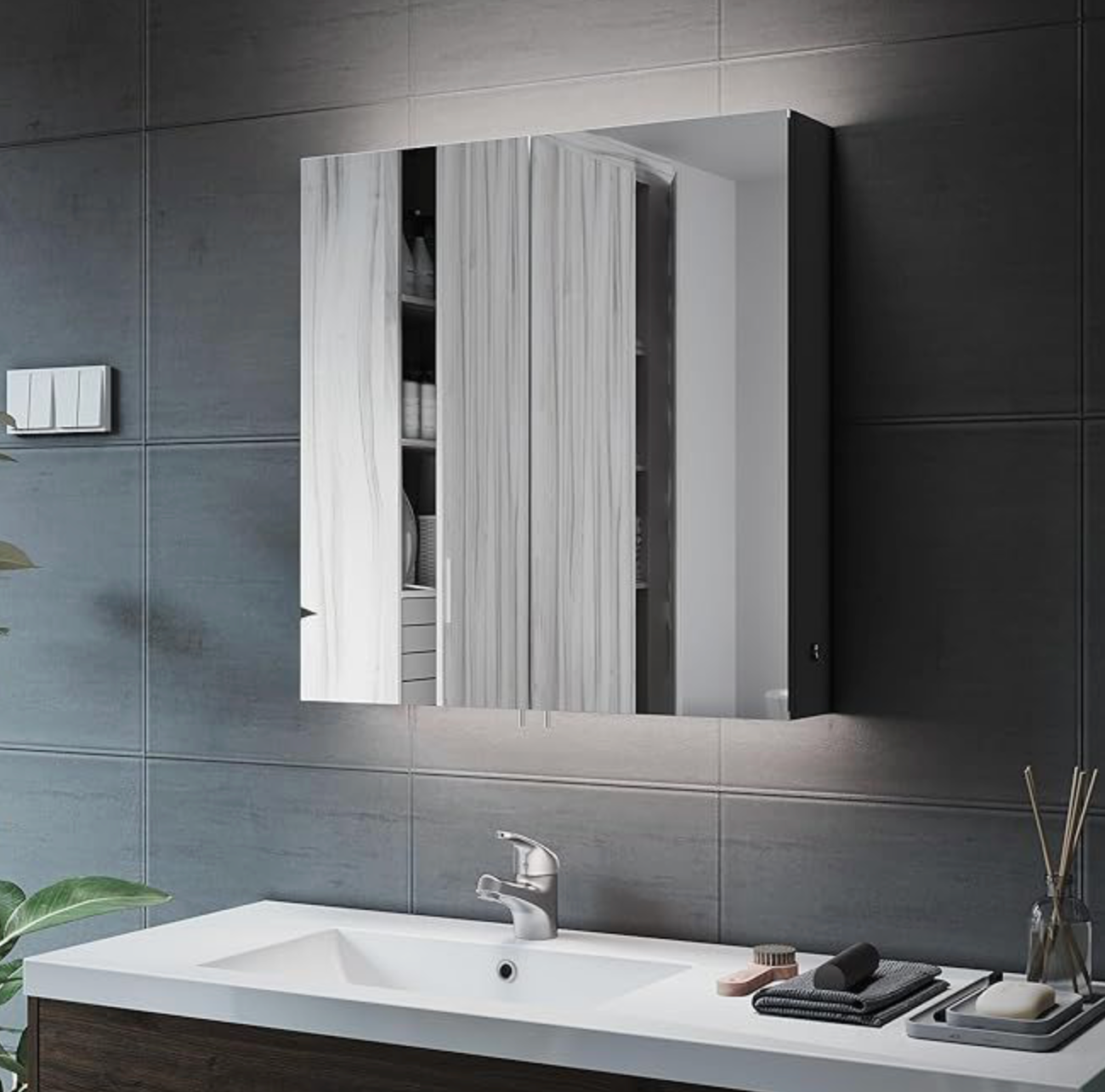 NILE 630mm x 650mm Illuminated Bathroom Mirror Cabinet with Shaver Socket