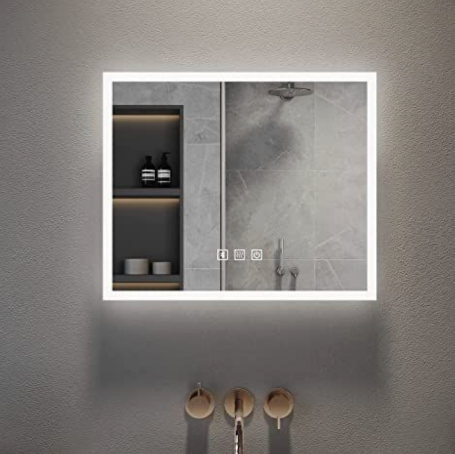 NILE 600MM x 500mm Bluetooth Audio Anti-fog Demister Pad Back-lit With Shaving Socket LED Illuminated Bathroom Mirror