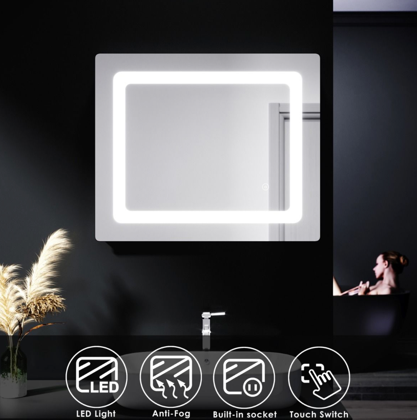 NILE 600mm X 500mm Wall Hung Bathroom Illuminated LED Mirror | Shaver Socket | Demister
