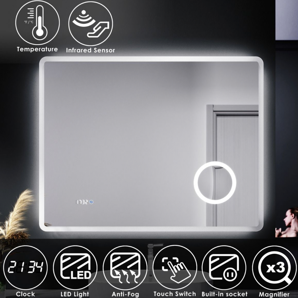 NILE 900mm x 700mm Anti-foggy Back-lit LED Illuminated Bathroom Mirror with Shaver Socket & 3x Magnifying Feature