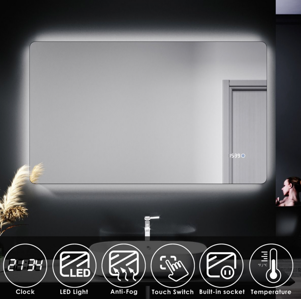NILE 1000mm X 600mm Touch Shaving Socket Illuminated Bathroom LED Mirror - Time display