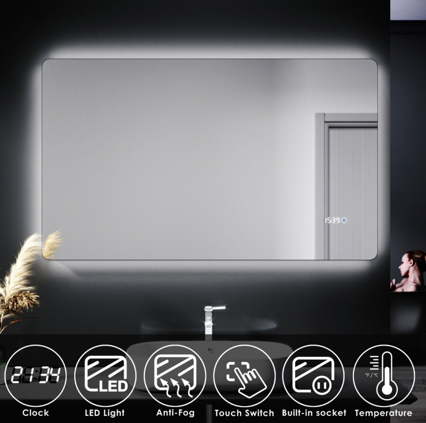 NILE 1000mm X 600mm Touch Shaving Socket Illuminated Bathroom LED Mirror - Time display