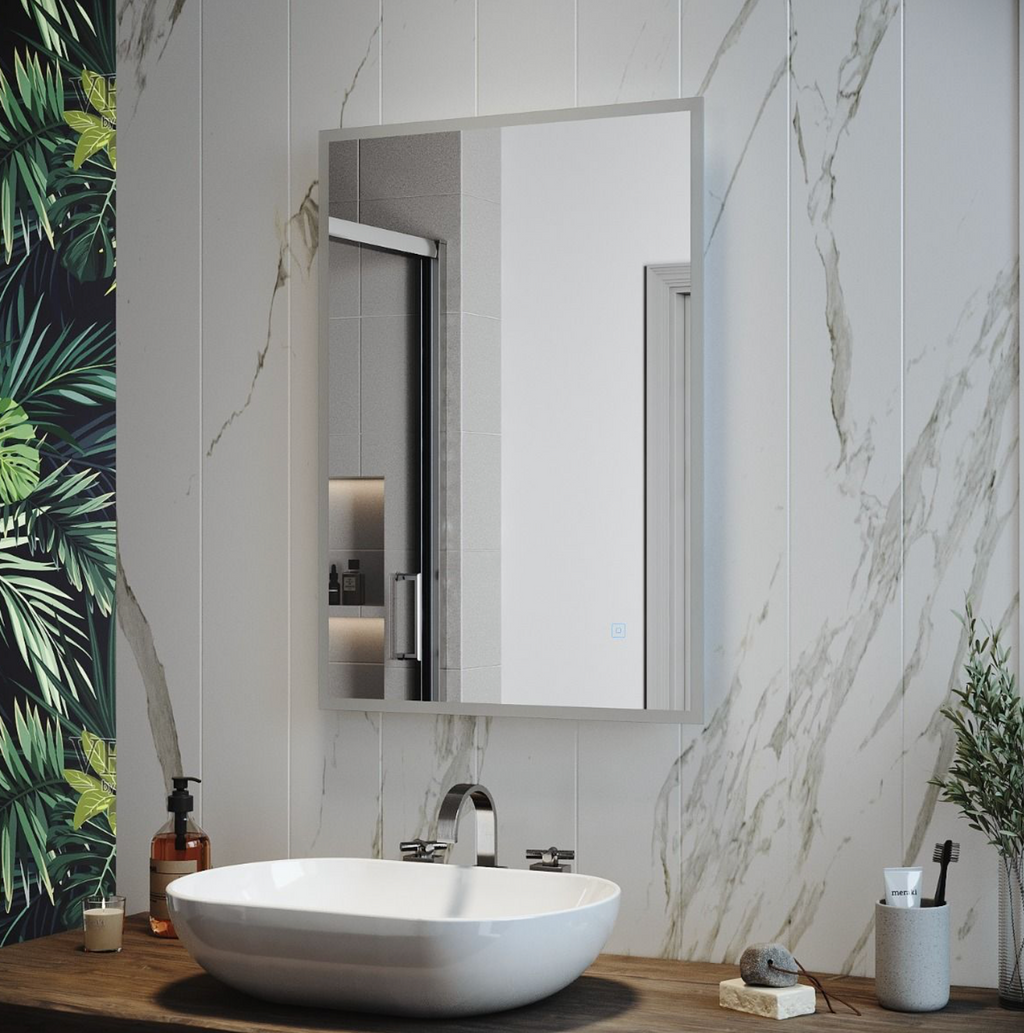 NILE 500mm X 700mm Illuminated LED Anti-Fog Demister Bathroom Mirror with Shaver Socket