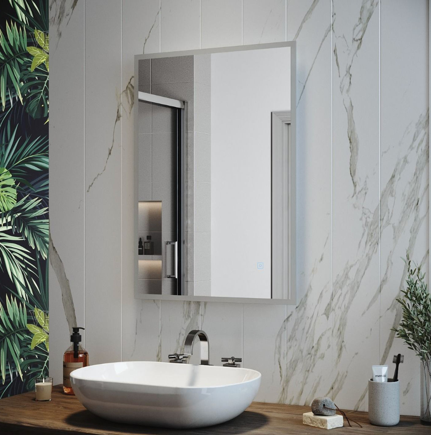 NILE 500mm X 700mm Illuminated LED Anti-Fog Demister Bathroom Mirror with Shaver Socket