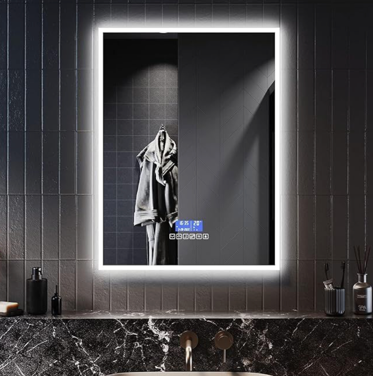 NILE 800mmx600mm Bluetooth Bathroom Mirror with Shaver Socket, Wall Mounted Vanity Mirror with Demister Pad