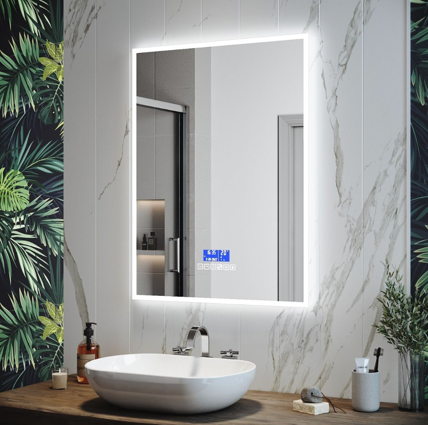 NILE 800mmx600mm Bluetooth Bathroom Mirror with Shaver Socket, Wall Mounted Vanity Mirror with Demister Pad