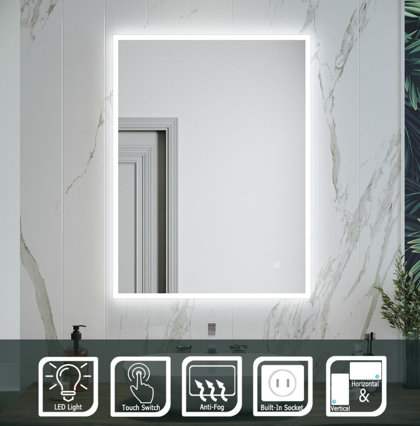 NILE Bathroom Mirror with Shaver Socket 800mmx600mm Wall Mounted Bathroom Mirror with Demister Pad