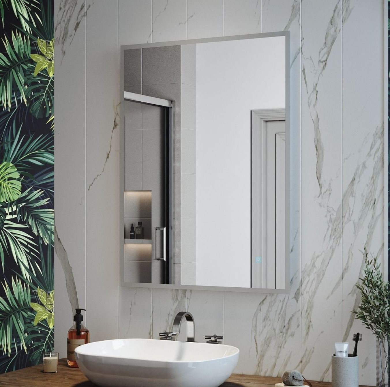 NILE Bathroom Mirror with Shaver Socket 800mmx600mm Wall Mounted Bathroom Mirror with Demister Pad