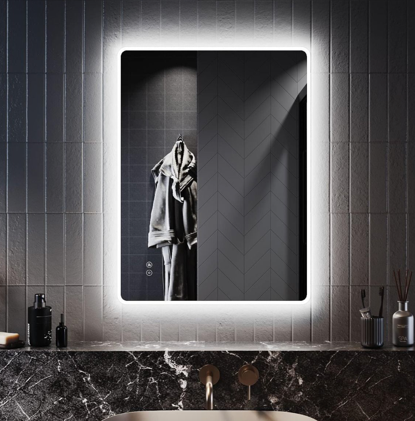 NILE Illuminated Bathroom Mirror with Shaver Socket Bluetooth LED Lights Demister Pad