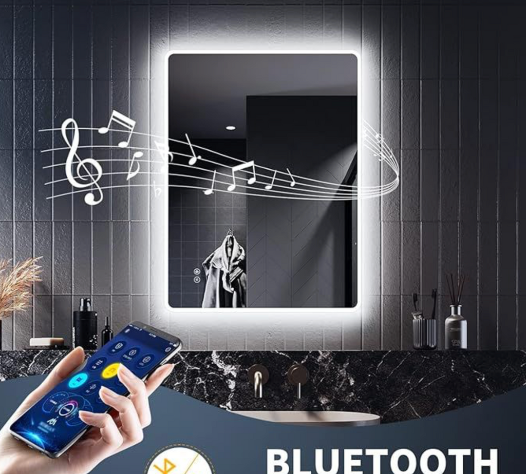 NILE Illuminated Bathroom Mirror with Shaver Socket Bluetooth LED Lights Demister Pad