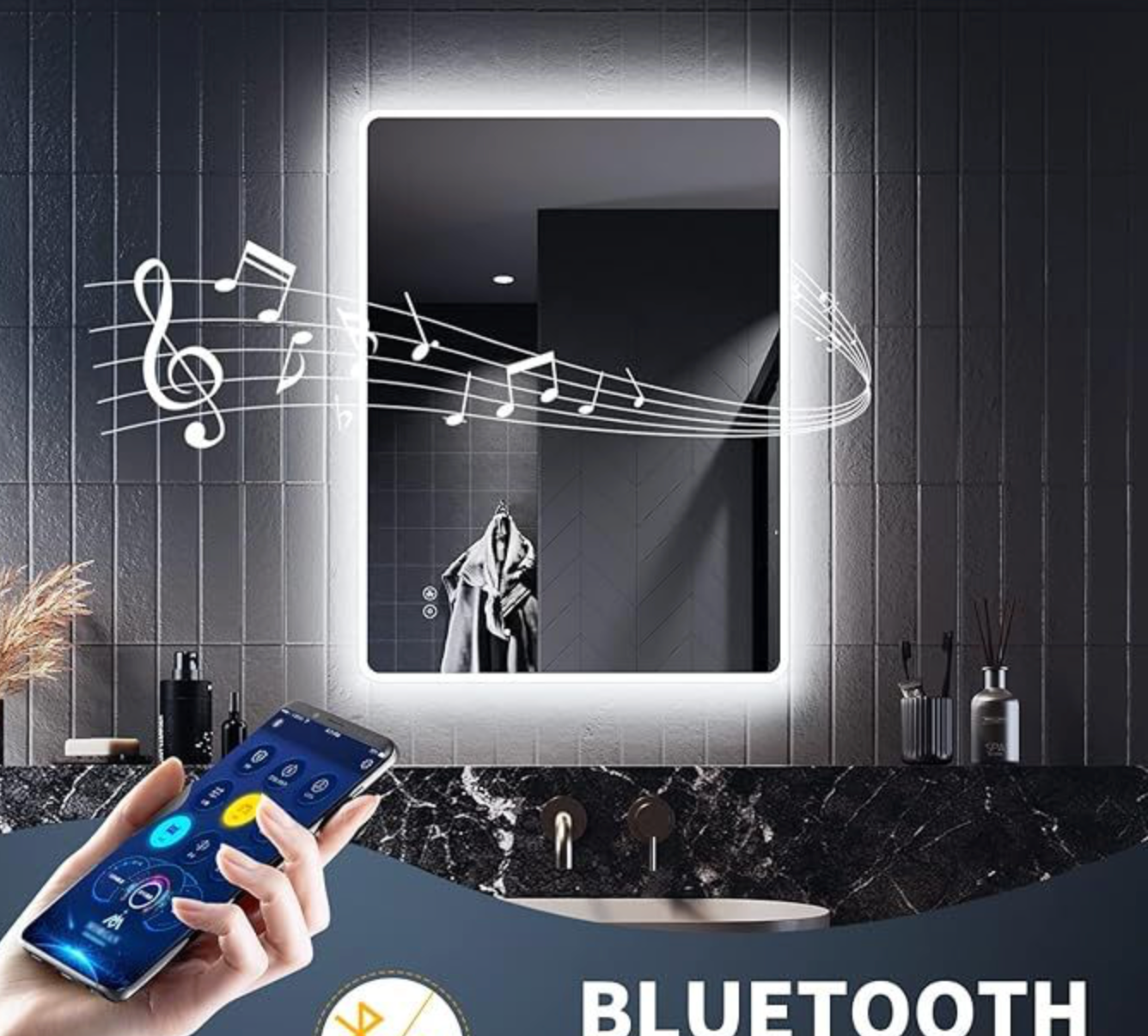 NILE Illuminated Bathroom Mirror with Shaver Socket Bluetooth LED Lights Demister Pad