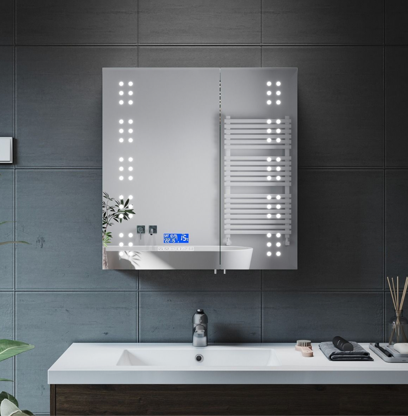NILE 630mm x 650mm Illuminated Bathroom Mirror Cabinet with Bluetooth Speaker Stainless Steel 2 Door Shaver Socket Bathroom Wall Cabinets
