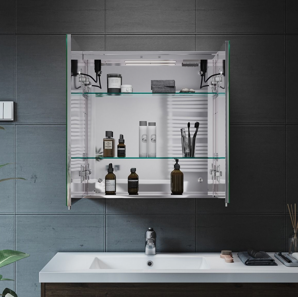 NILE 630mm x 650mm Illuminated Bathroom Mirror Cabinet with Bluetooth Speaker Stainless Steel 2 Door Shaver Socket Bathroom Wall Cabinets