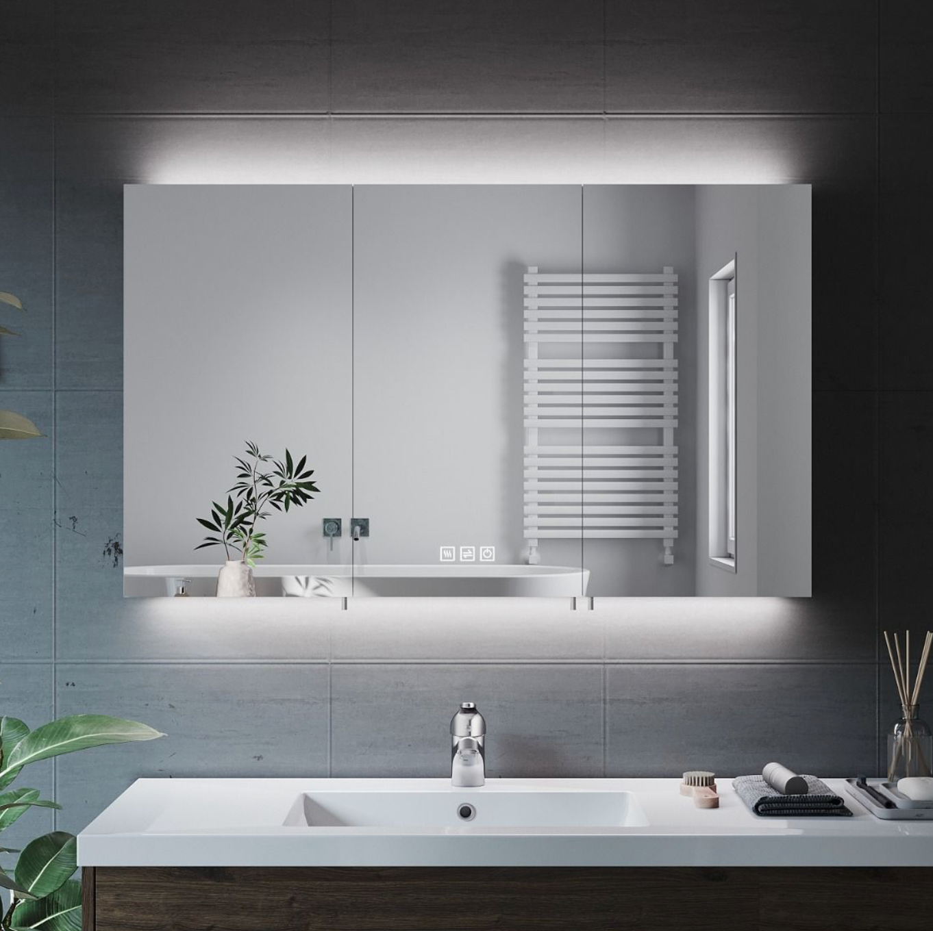 NILE 1000mm x 600mm Shaver Socket Wall Mounted Stainless Steel Bathroom Mirror Cabine with Three-color Infinitely Dimmable and Demister Pad