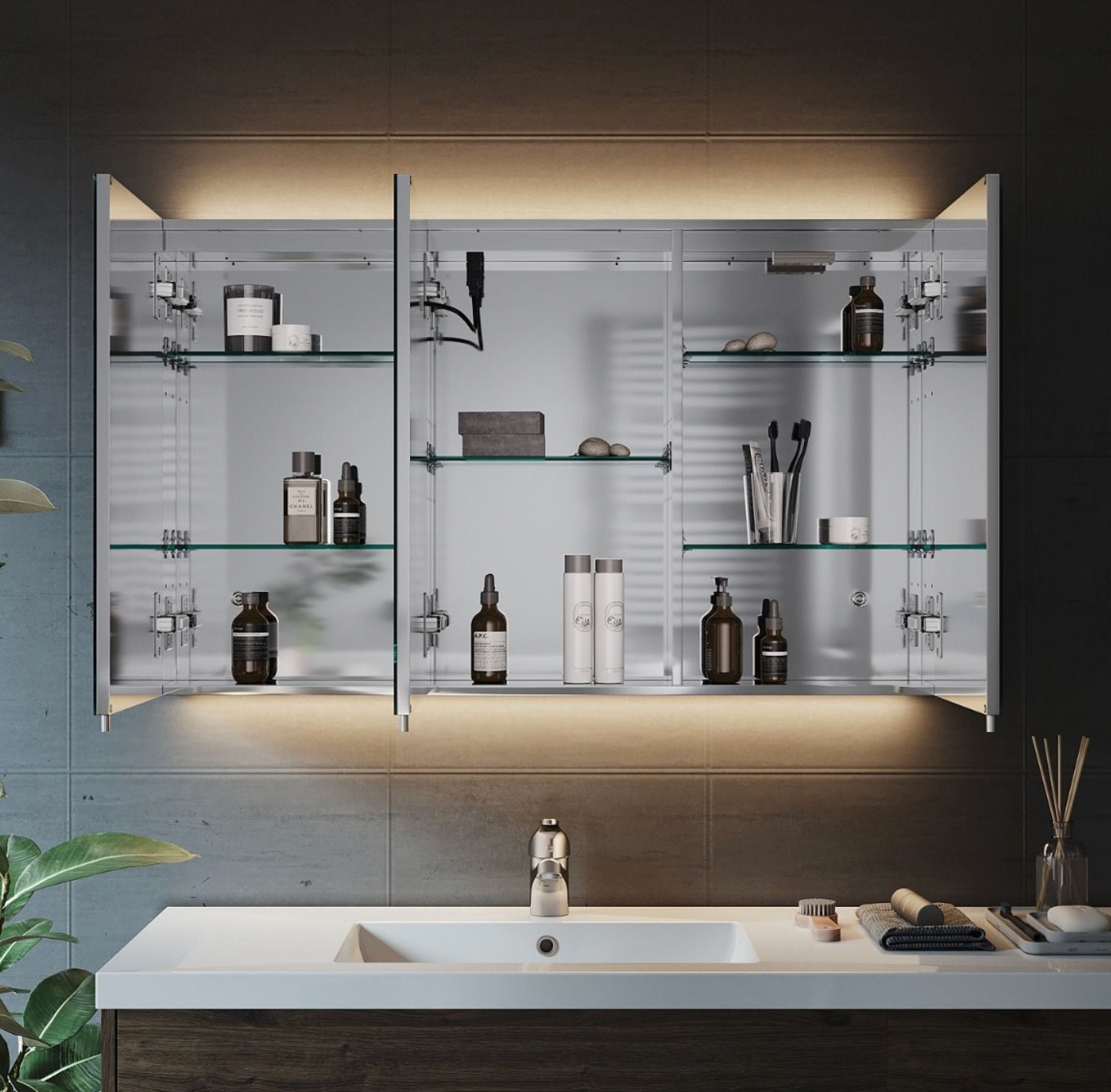 NILE 1000mm x 600mm Shaver Socket Wall Mounted Stainless Steel Bathroom Mirror Cabine with Three-color Infinitely Dimmable and Demister Pad