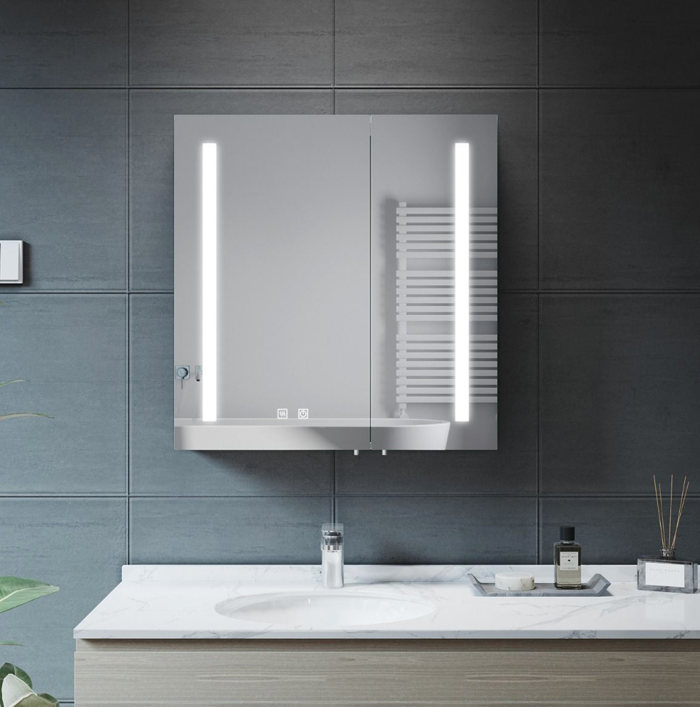 NILE 630mm x 650mm LED Illuminated Bathroom Mirror Cabinet with Light Socket Demister Pad