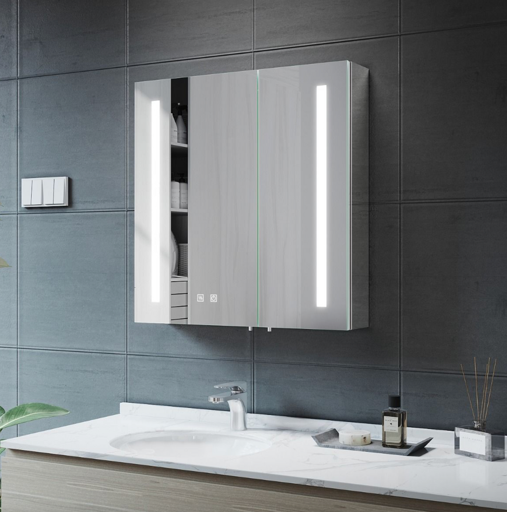 NILE 630mm x 650mm LED Illuminated Bathroom Mirror Cabinet with Light Socket Demister Pad