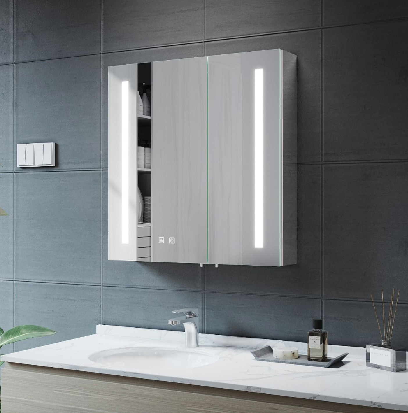 NILE 630mm x 650mm LED Illuminated Bathroom Mirror Cabinet with Light Socket Demister Pad