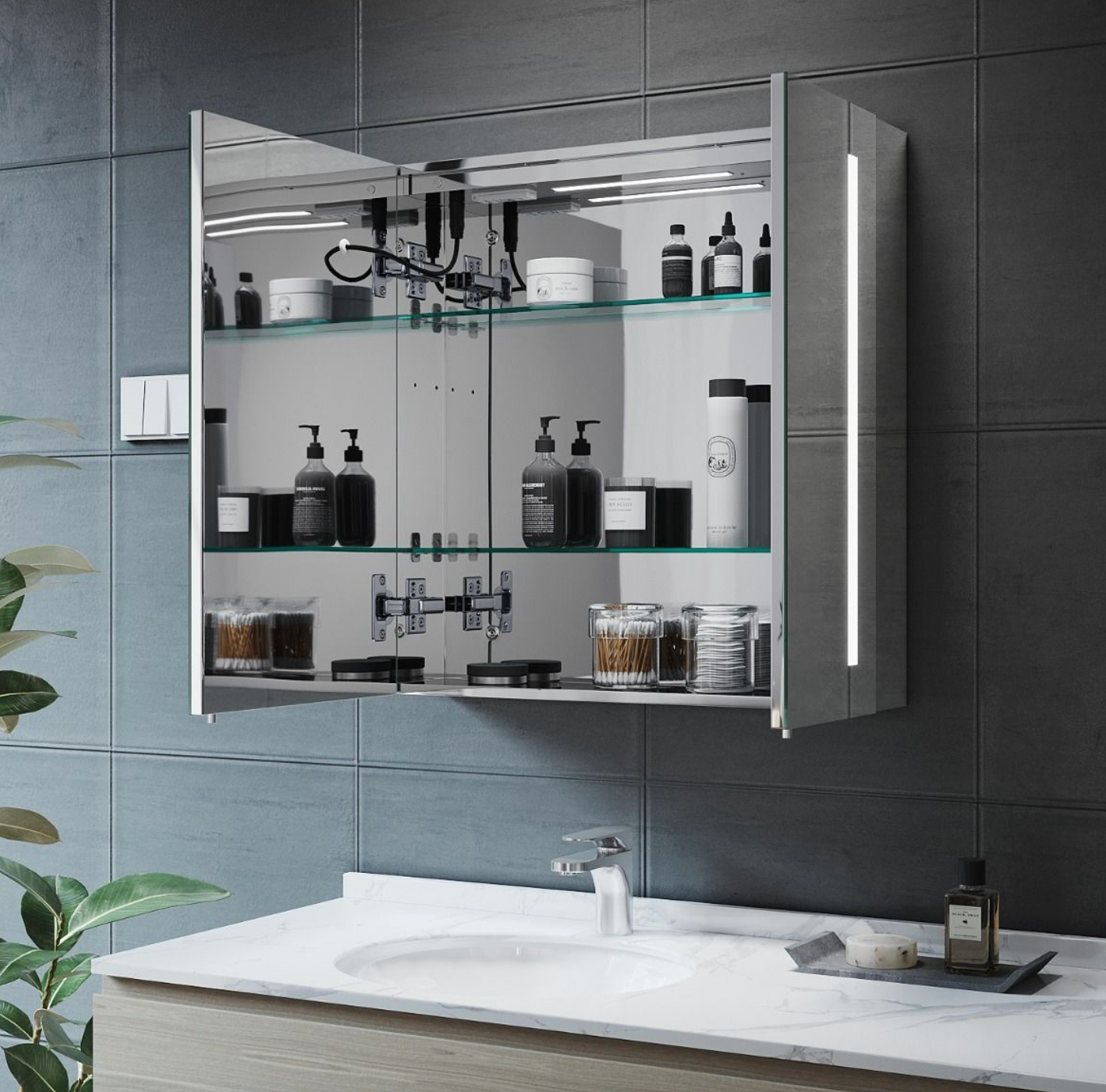 NILE 630mm x 650mm LED Illuminated Bathroom Mirror Cabinet with Light Socket Demister Pad
