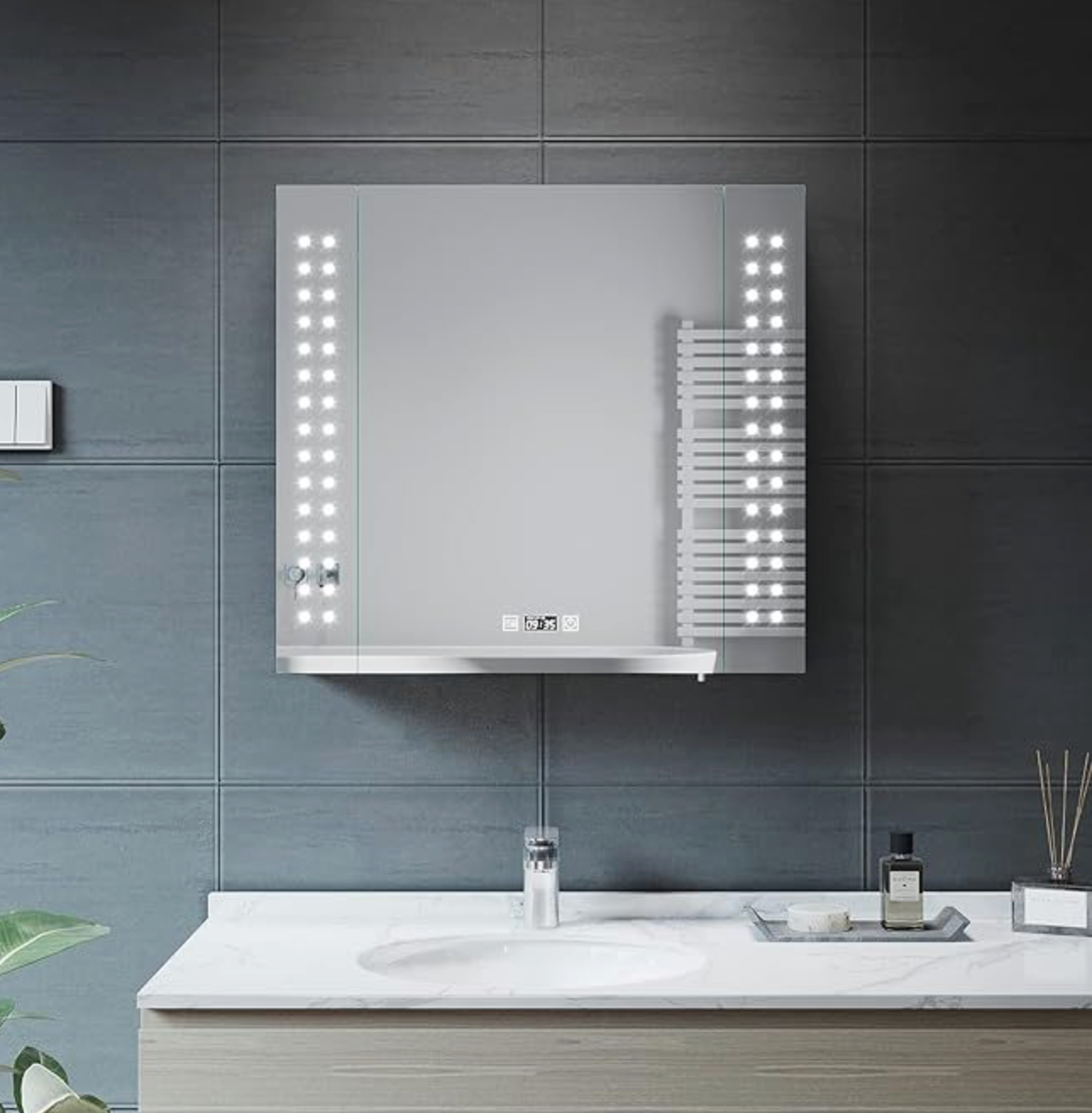 NILE 630mmx650mm Bathroom Mirror Cabinet with LED Illuminated Lights Demister Shaver Socket Touch