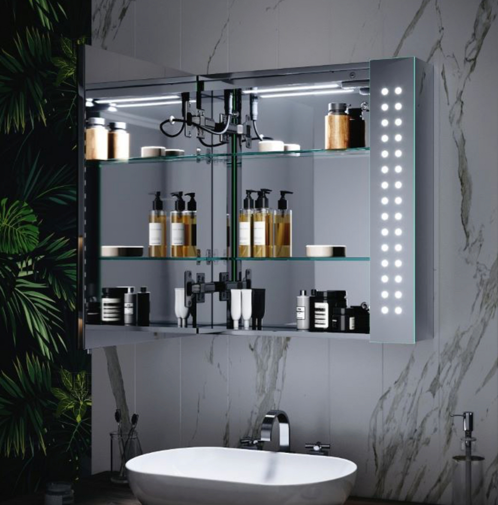 NILE 630mmx650mm Bathroom Mirror Cabinet with LED Illuminated Lights Demister Shaver Socket Touch