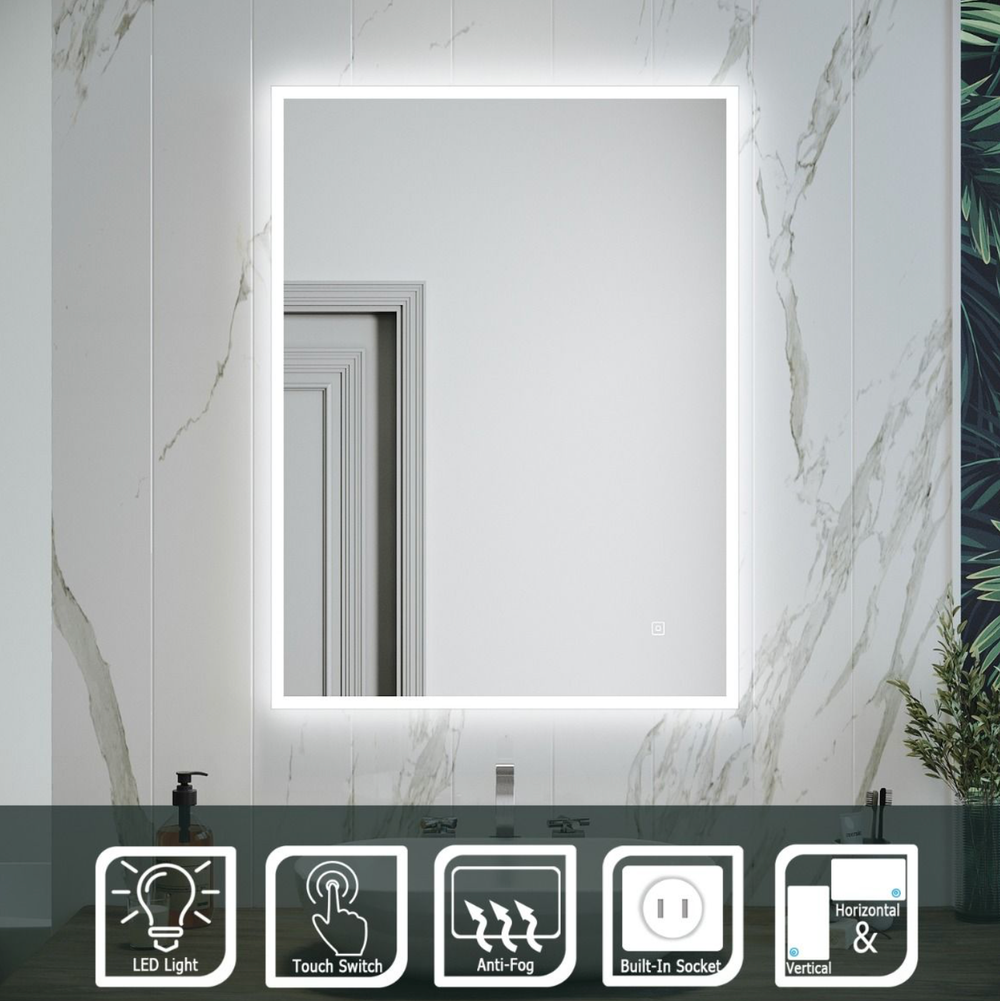 NILE Bathroom Mirror with Shaver Socket 800mmx600mm Wall Mounted Bathroom Mirror with Demister Pad