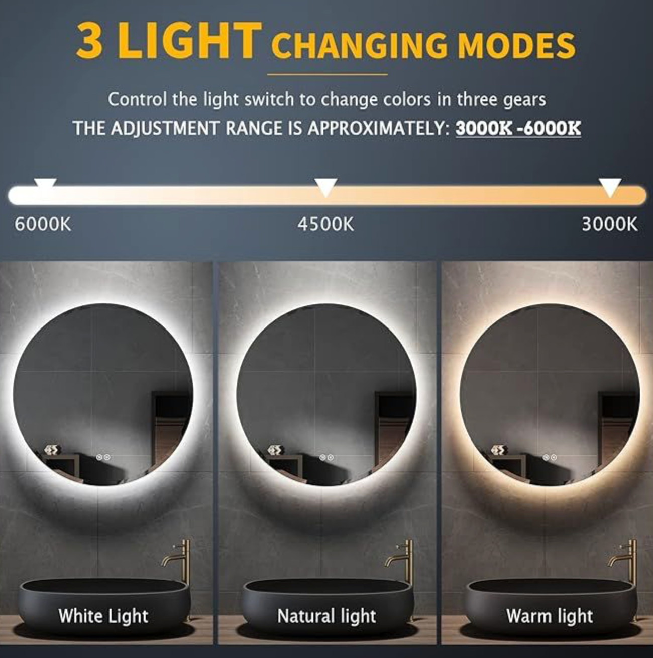 NILE 600mmx600mm Round Bathroom Mirror with LED Lights Demister Touch Sensor 3Color Dimmable