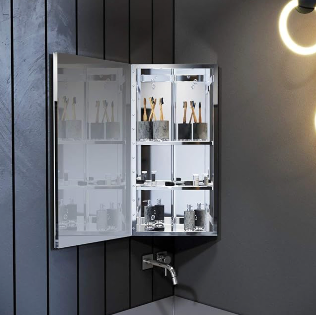 NILE Corner Cabinet Stainless Steel Wall Mounted Bathroom Storage Single Door Mirror