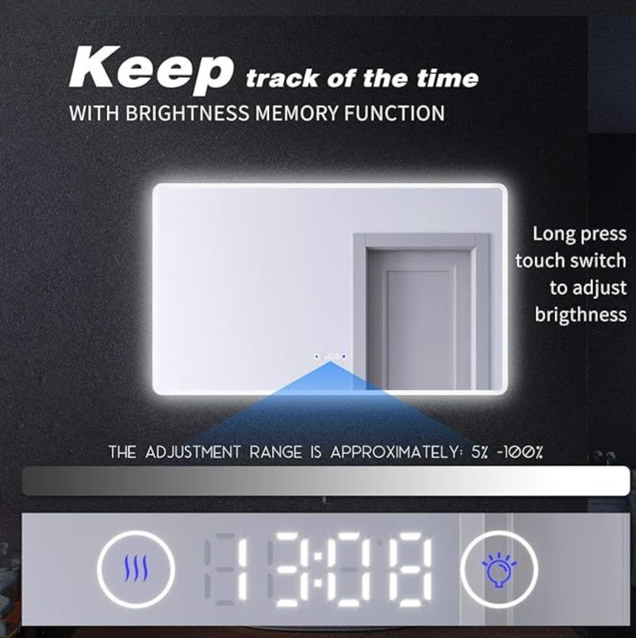 NILE 1000mm x 600mm LED Bathroom Mirror 3 Colours Setting LED Light Touch+Anti-fog+Time+Temperature