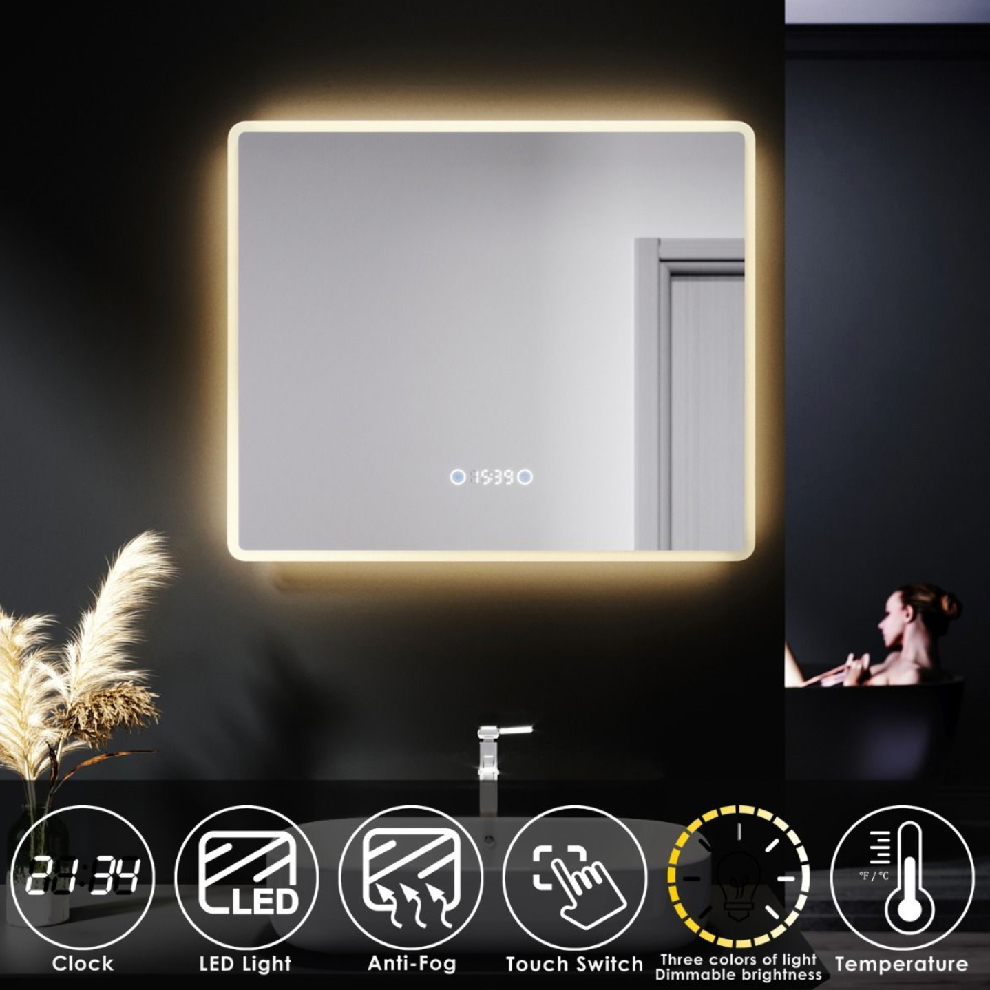 NILE 600mm x 500mm Bathroom LED Illuminated Mirror with Anti-fog Touch Bottom & Time Display