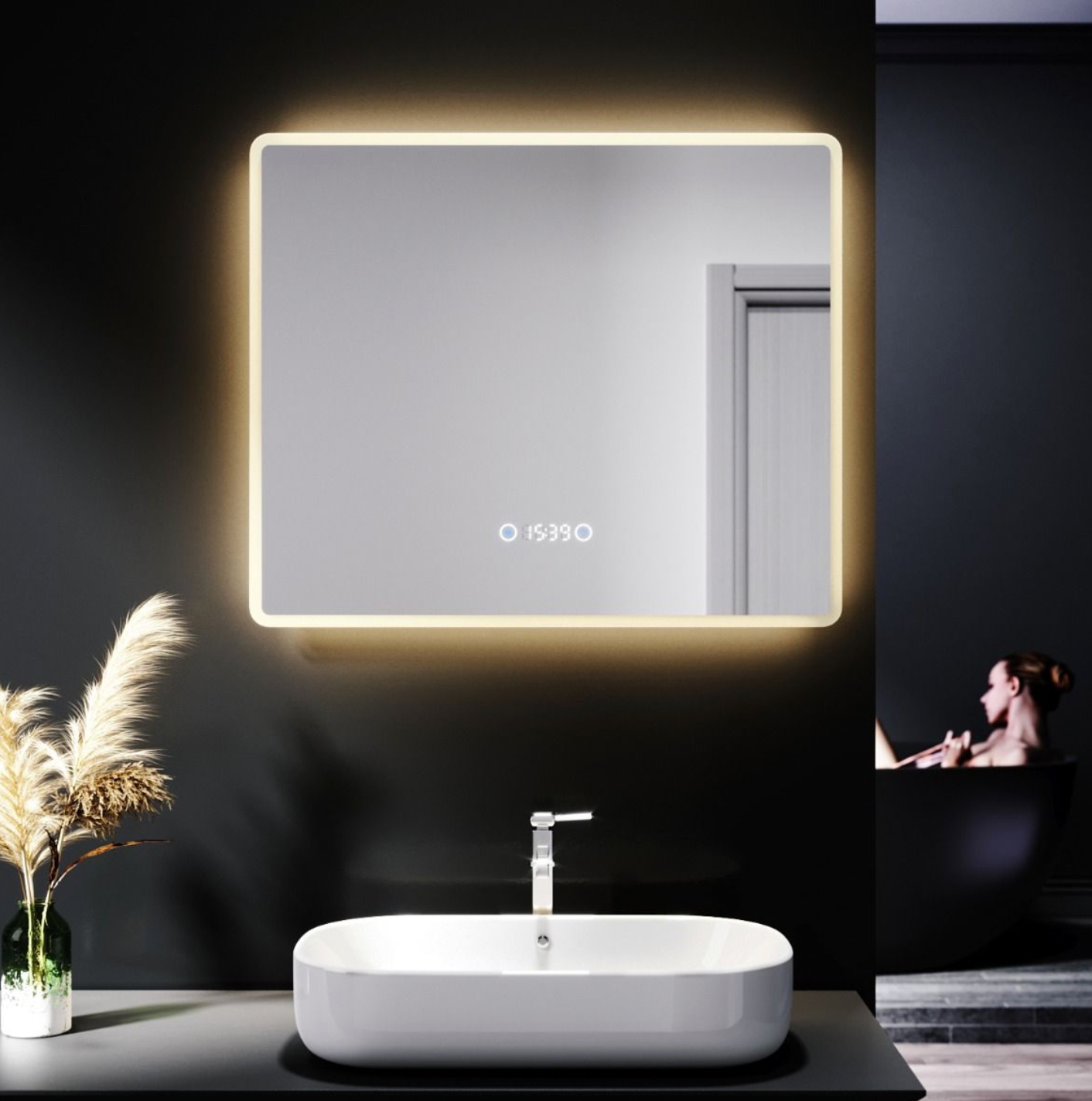 NILE 600mm x 500mm Bathroom LED Illuminated Mirror with Anti-fog Touch Bottom & Time Display