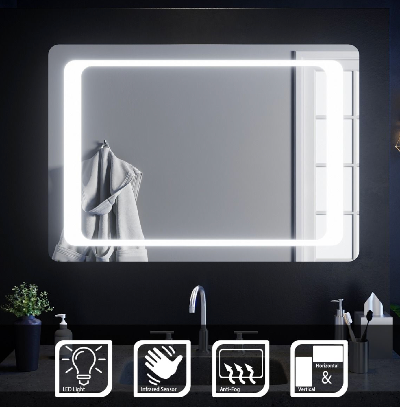 NILE 1000mm x 700mm Wall Hung Bathroom Illuminated LED Mirror | IR Sensor Switch | Demister | Horizontal/Vertical Fitting