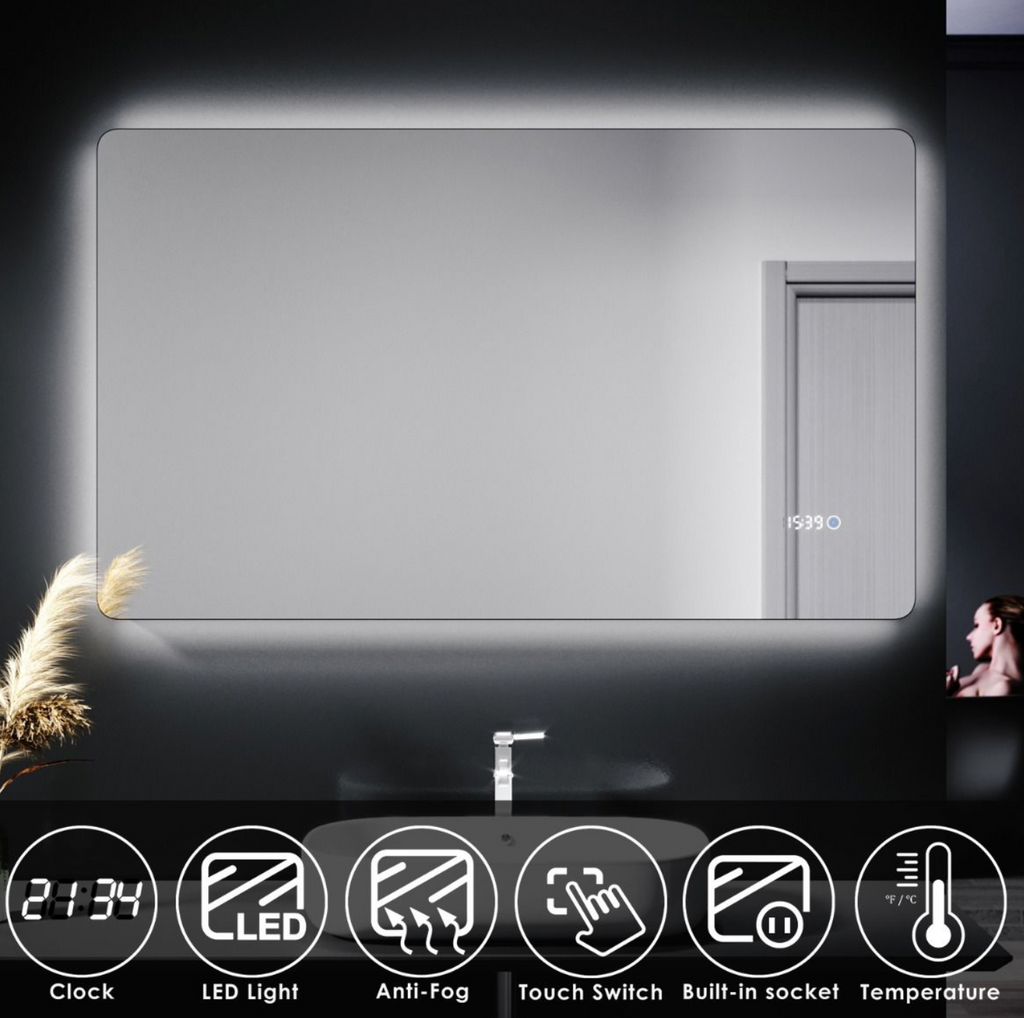 NILE  1000mm x 600mm Touch Shaving Socket Illuminated Bathroom LED Mirror - Time display