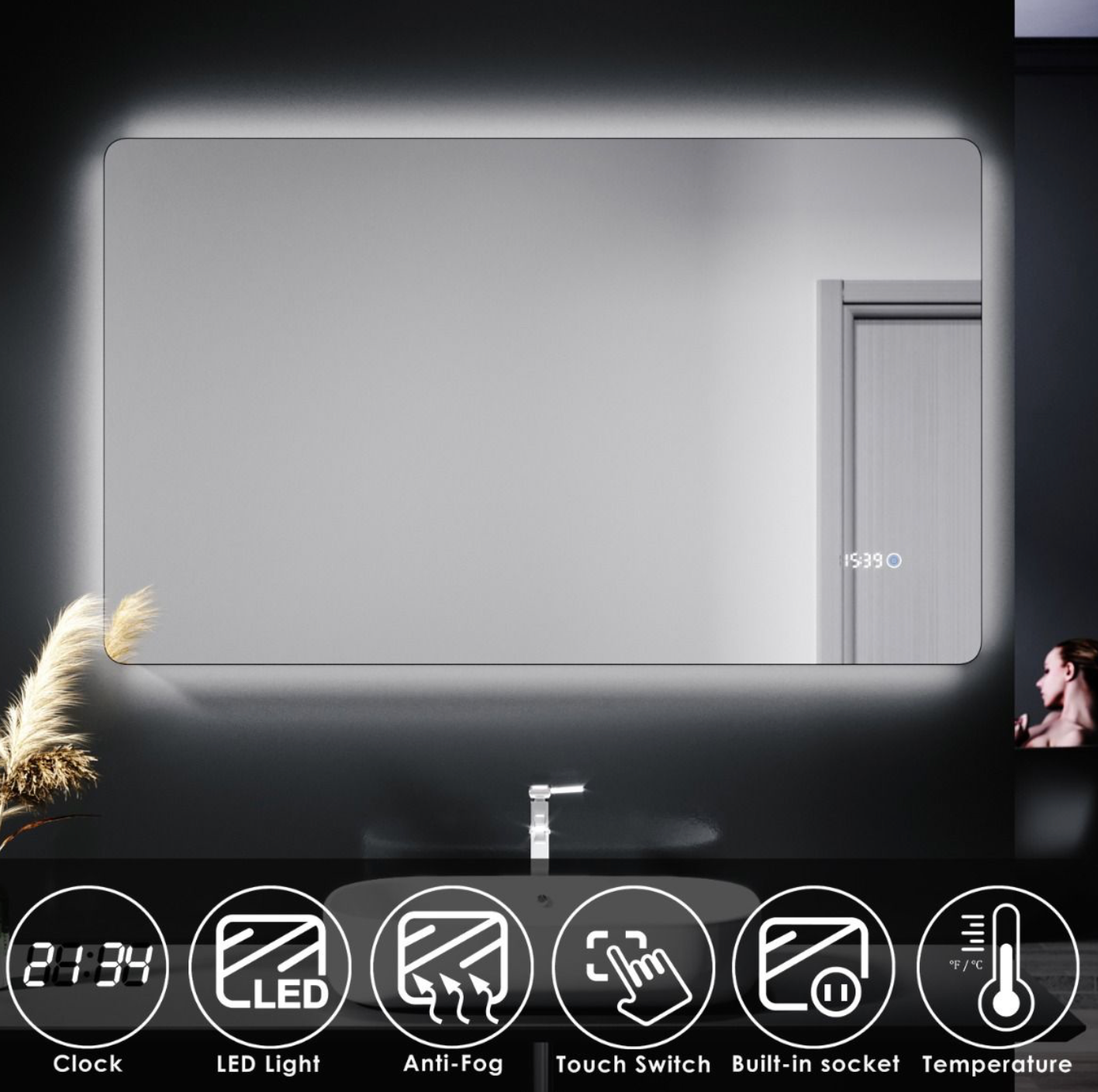 NILE  1000mm x 600mm Touch Shaving Socket Illuminated Bathroom LED Mirror - Time display