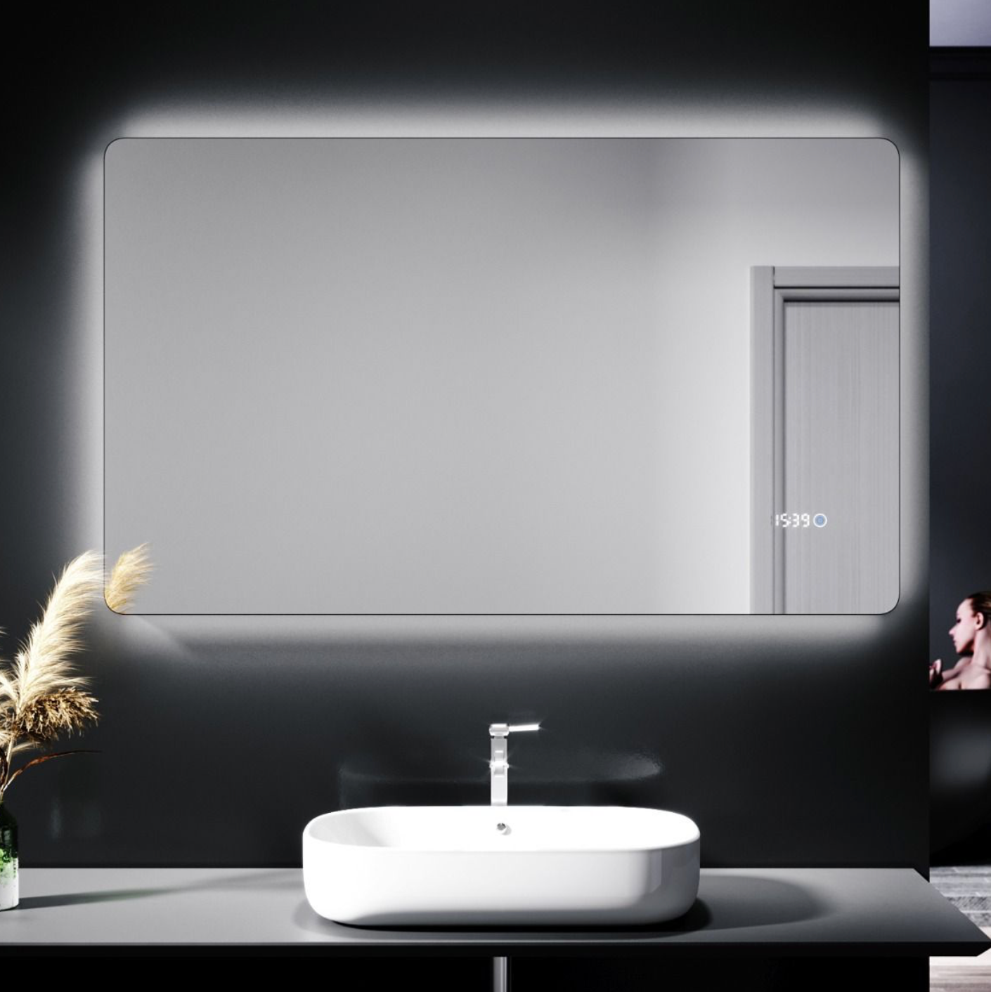 NILE  1000mm x 600mm Touch Shaving Socket Illuminated Bathroom LED Mirror - Time display
