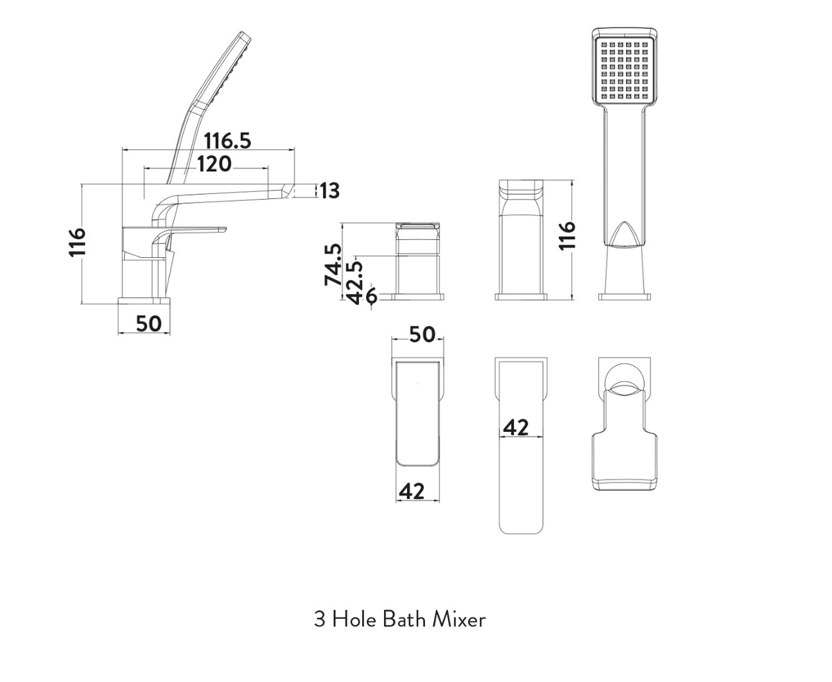 Muro Matt Black 3 Hole Bath Mixer