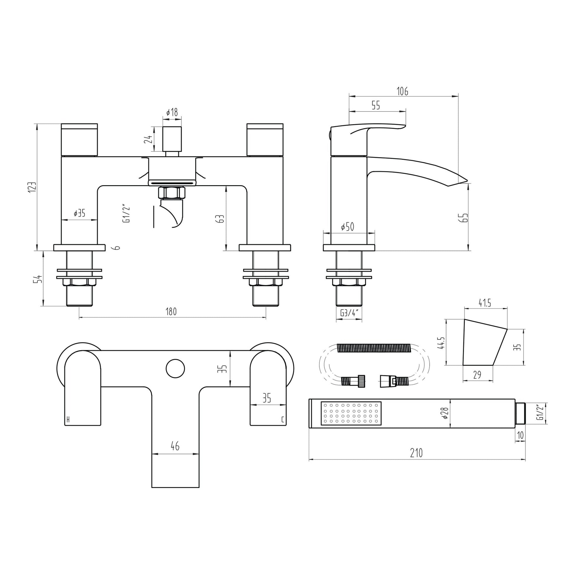 LEGACY Bellini Bath Shower Mixer with shower kit and wall bracket