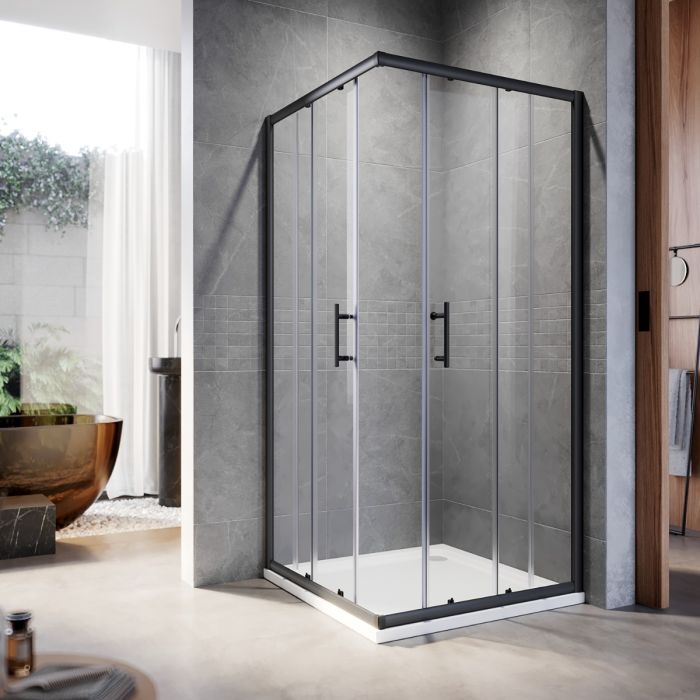 NILE 800 x 800mm Black Framed Sliding Corner Entry Shower Enclosure Shower Cubicle