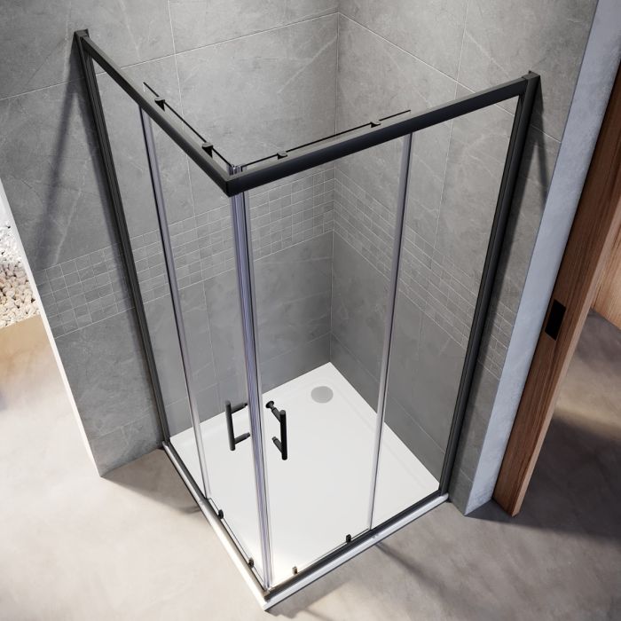 NILE 760 x 900mm Black Framed Sliding Corner Entry Shower Enclosure Shower Cubicle