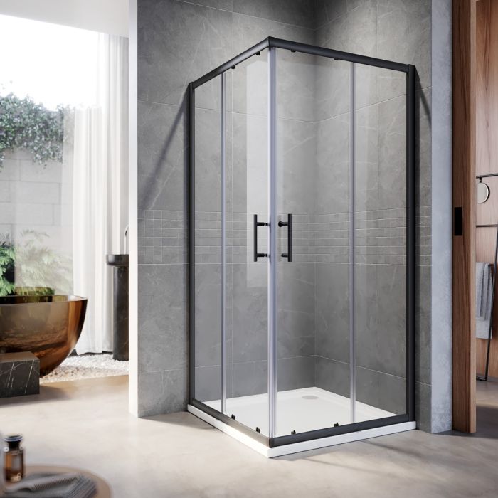 NILE 760 x 760mm Black Framed Sliding Corner Entry Shower Enclosure Shower Cubicle