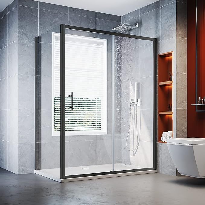 NILE 1200 x 800mm Black Sliding Shower Enclosure Reversible Shower Screen Panel with Side Panel