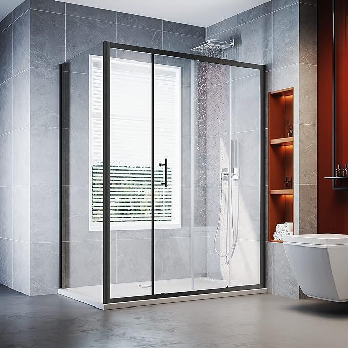 NILE 1100 x 800mm Black Sliding Shower Enclosure Reversible Shower Screen Panel with Side Panel