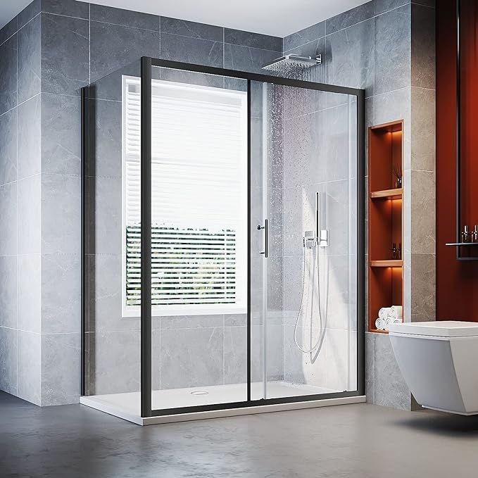 NILE 1100 x 800mm Black Sliding Shower Enclosure Reversible Shower Screen Panel with Side Panel