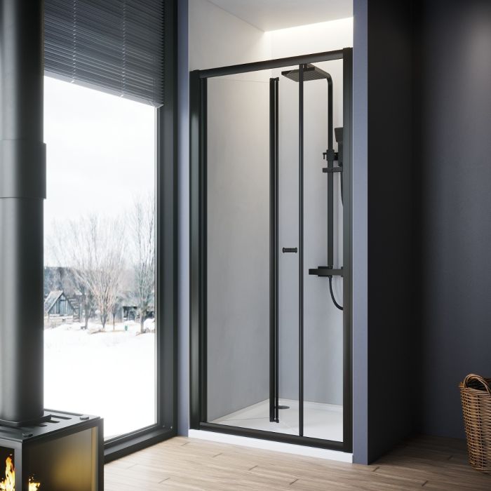 NILE 700mm Black Bi-Fold Shower Door Enclosure Glass Reversible Folding Cubicle