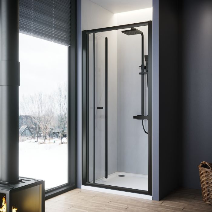 NILE 1000mm Black Bi-Fold Shower Door Enclosure Glass Reversible Folding Cubicle