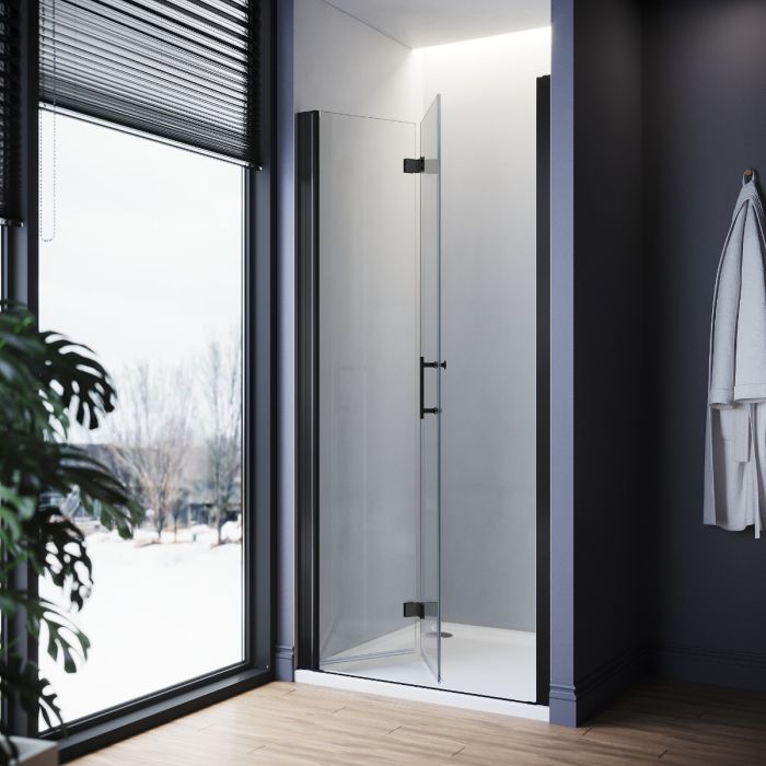 NILE 800mm Black Bifold Shower Door Frameless Tempered Glass Shower Screen