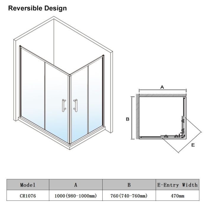 NILE 1000 x 760mm Reversible Sliding Corner Entry Shower Enclosure Cubicle