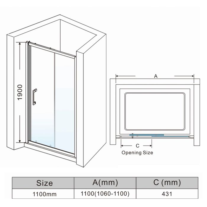 NILE 1100mm Black Sliding Shower Door Shower Screen