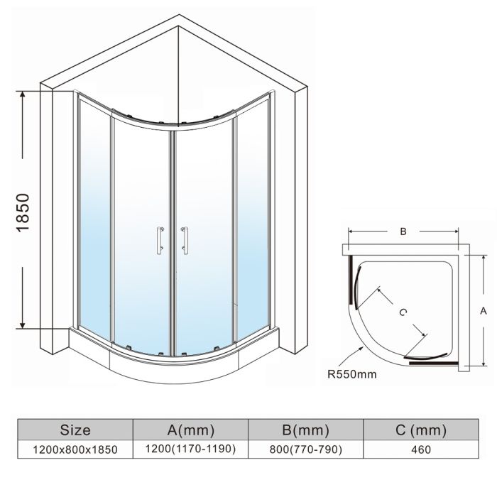 NILE 1200X800mm Reversible Offset Shower Enclosure Corner Cubicle 6mm Easy Clean Shower Enclosure