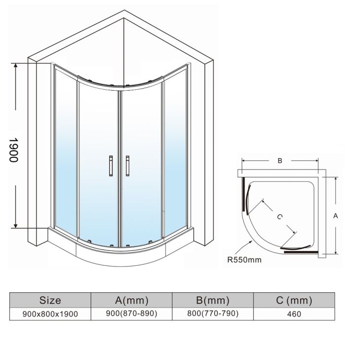 NILE 900X800mm Reversible Offset Shower Enclosure 8mm Easy Clean Nano Glass Shower Cubicle